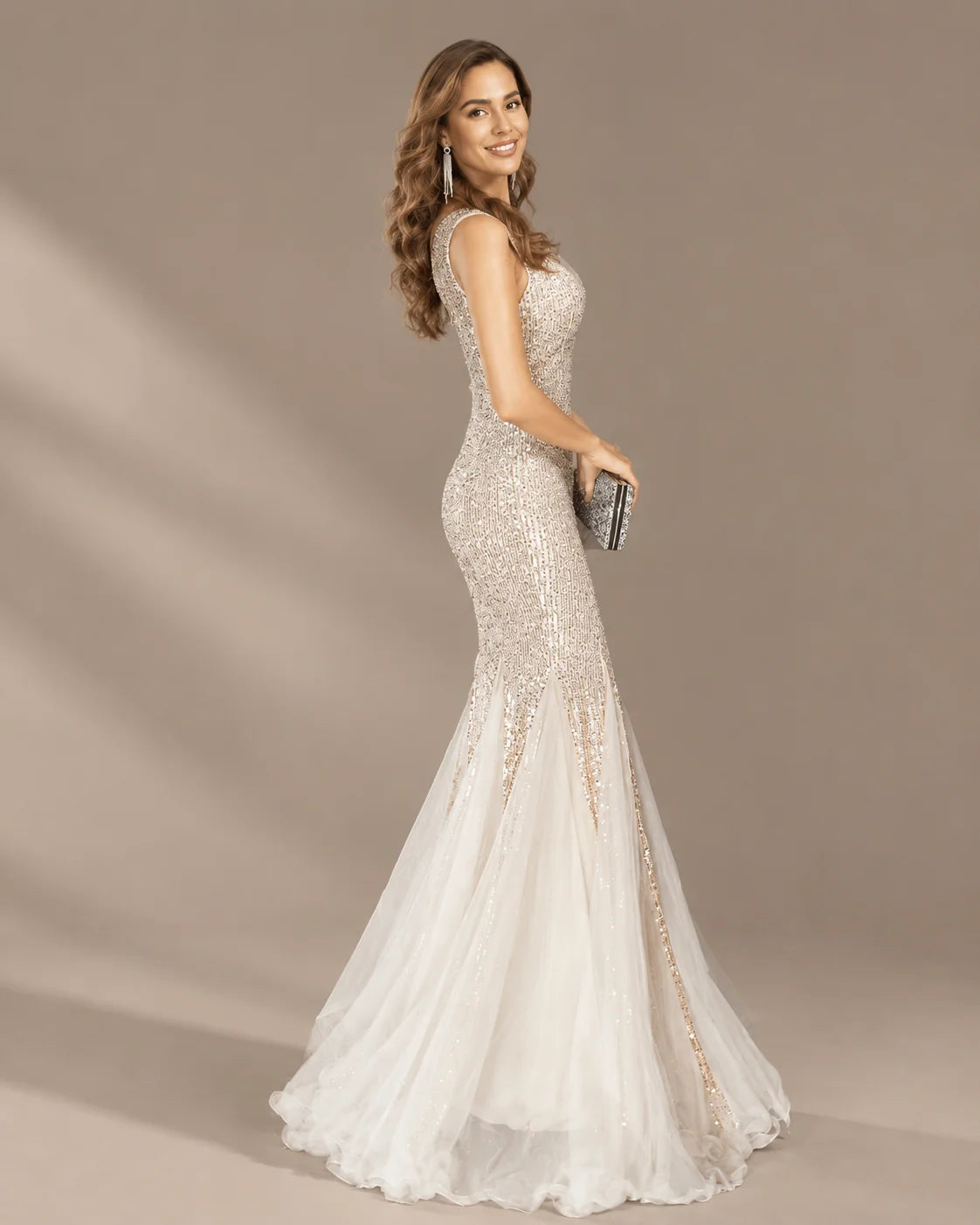 Deep V-Neck Beaded Tulle Mermaid Evening Gown | Oyese