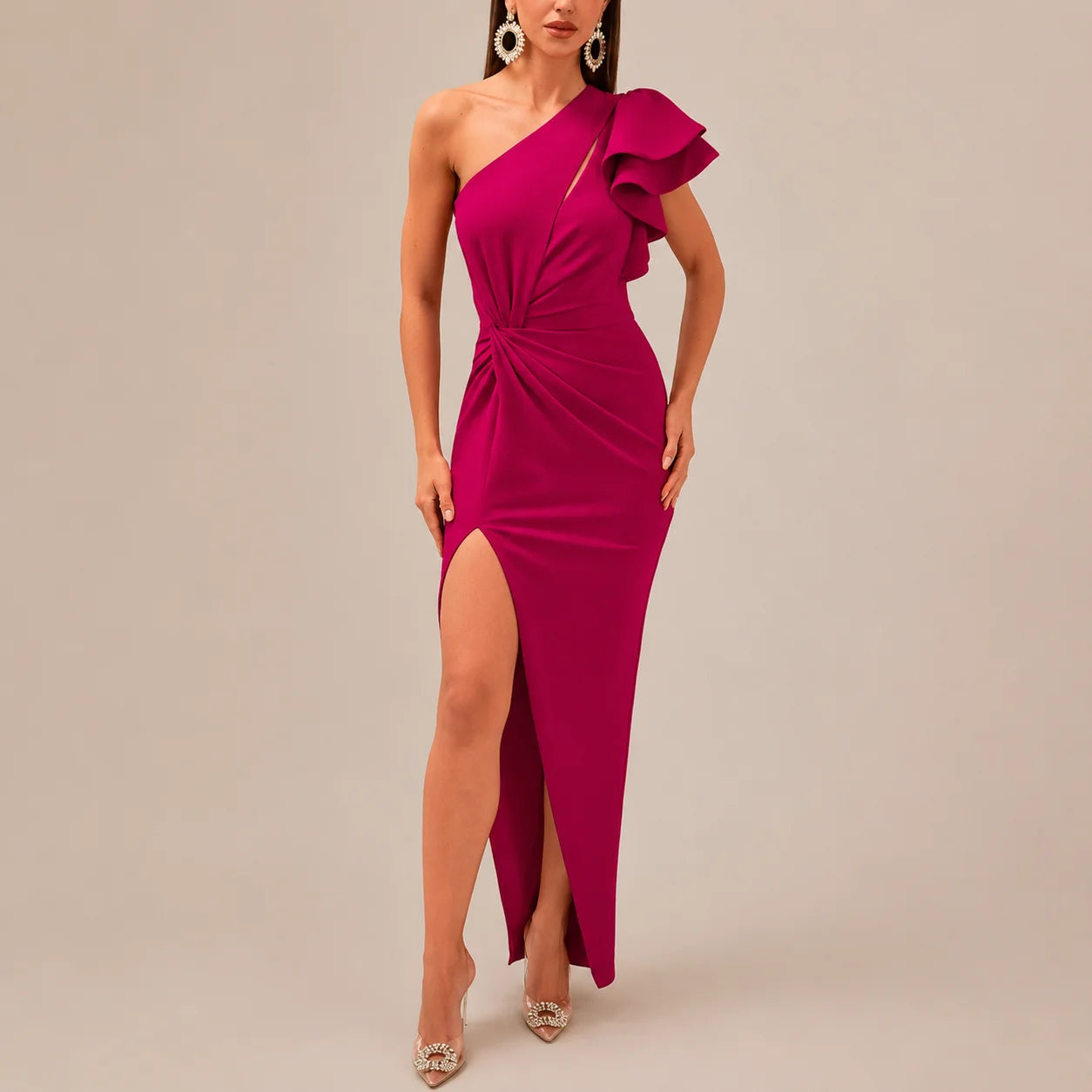 One Shoulder Ruffle Sleeve Cutout Maxi Dress – High Slit Formal Gown | Oyese