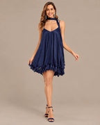 Chiffon Cami Mini Dress with Neck Scarf – Loose Ruffle Hem Party Dress | Oyese