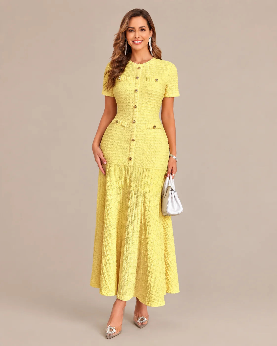 Textured Tweed Button Front Fitted Flare Midi Dress | Oyese