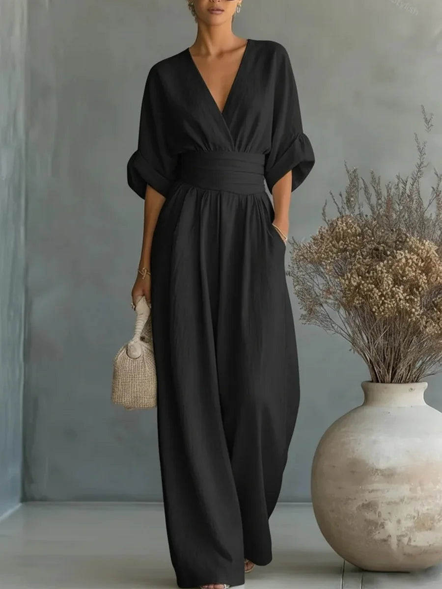 Women's Elegant V-Neck Wide-Leg Jumpsuit