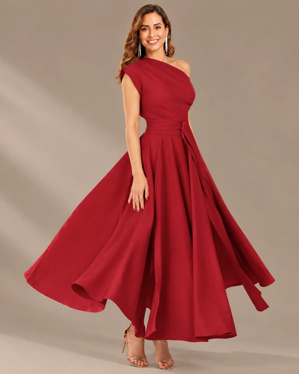 One-Shoulder Cap Sleeve Belted Fit and Flare Midi Dress | Oyese