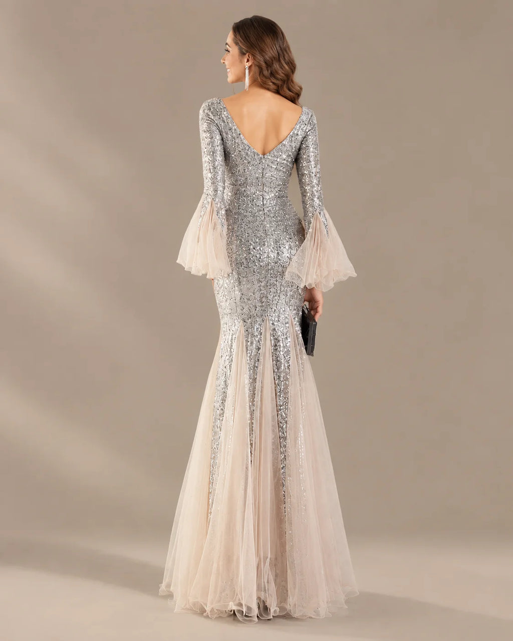 V-Neck Bell Sleeve Sequin Tulle Mermaid Evening Gown | Oyese