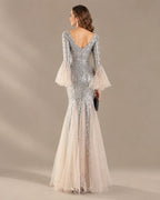 V-Neck Bell Sleeve Sequin Tulle Mermaid Evening Gown | Oyese