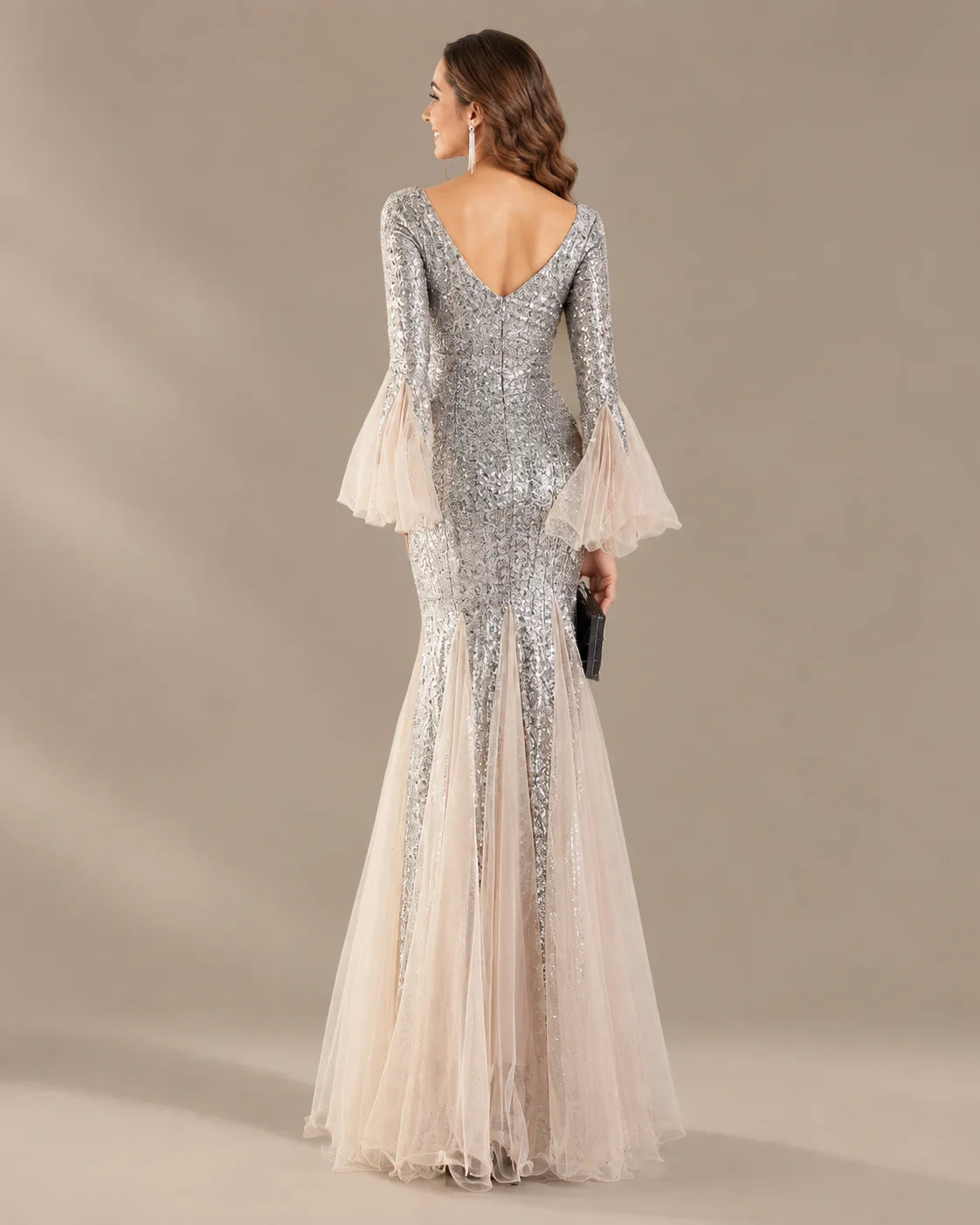 V-Neck Bell Sleeve Sequin Tulle Mermaid Evening Gown | Oyese