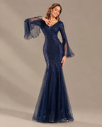 V-Neck Bell Sleeve Sequin Tulle Mermaid Evening Gown | Oyese