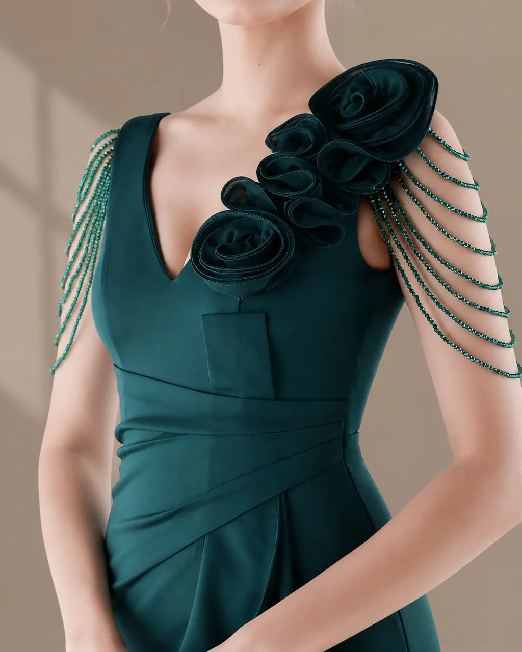 V-Neck 3D Floral Shoulder Beaded Mermaid Evening Gown | Oyese