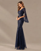 V-Neck Bell Sleeve Sequin Tulle Mermaid Evening Gown | Oyese