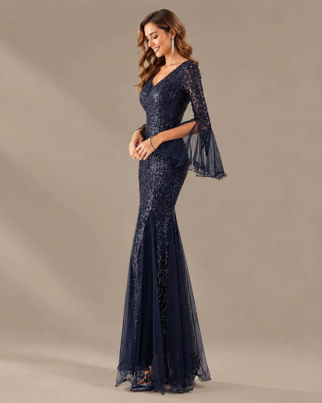 V-Neck Bell Sleeve Sequin Tulle Mermaid Evening Gown | Oyese