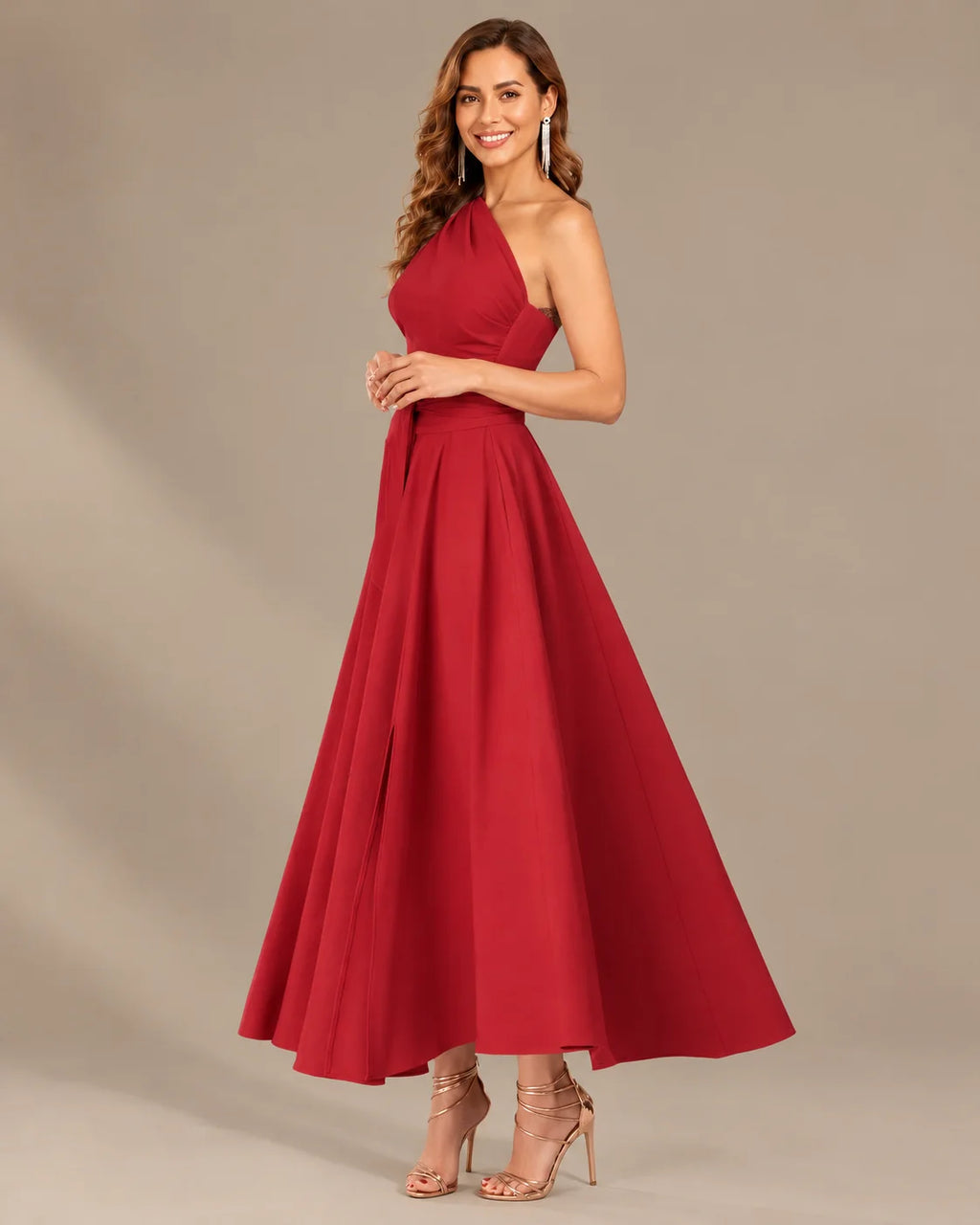 One-Shoulder Cap Sleeve Belted Fit and Flare Midi Dress | Oyese