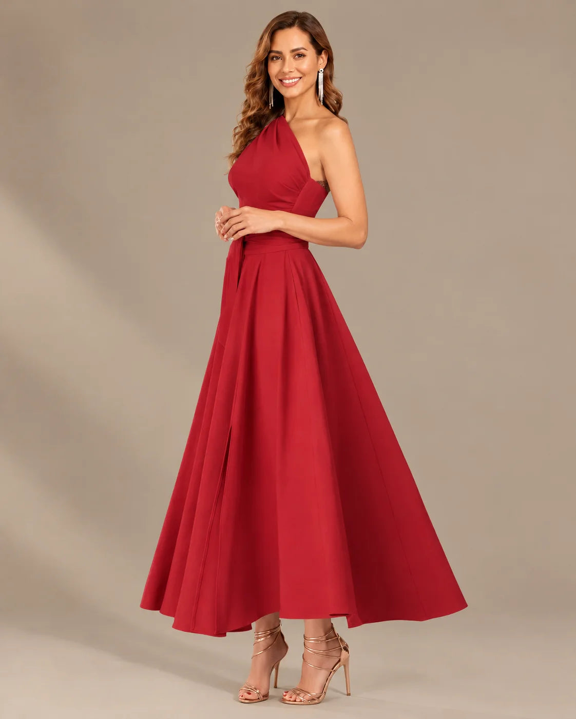 One-Shoulder Cap Sleeve Belted Fit and Flare Midi Dress | Oyese