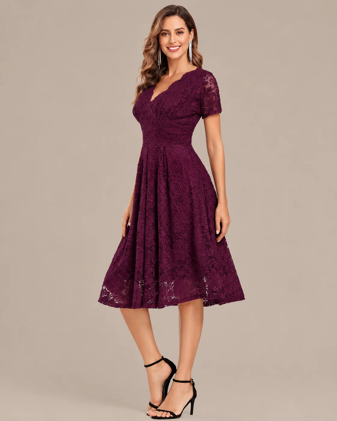 Lace V-Neck Short Sleeve Fit-and-Flare Knee Dress | Oyese