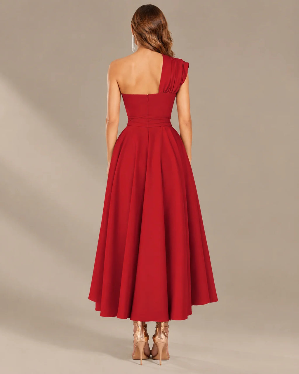 One-Shoulder Cap Sleeve Belted Fit and Flare Midi Dress | Oyese