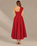 One-Shoulder Cap Sleeve Belted Fit and Flare Midi Dress | Oyese
