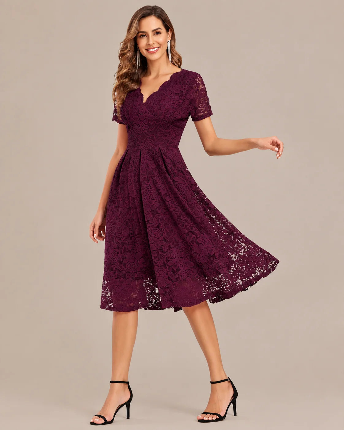 Lace V-Neck Short Sleeve Fit-and-Flare Knee Dress | Oyese