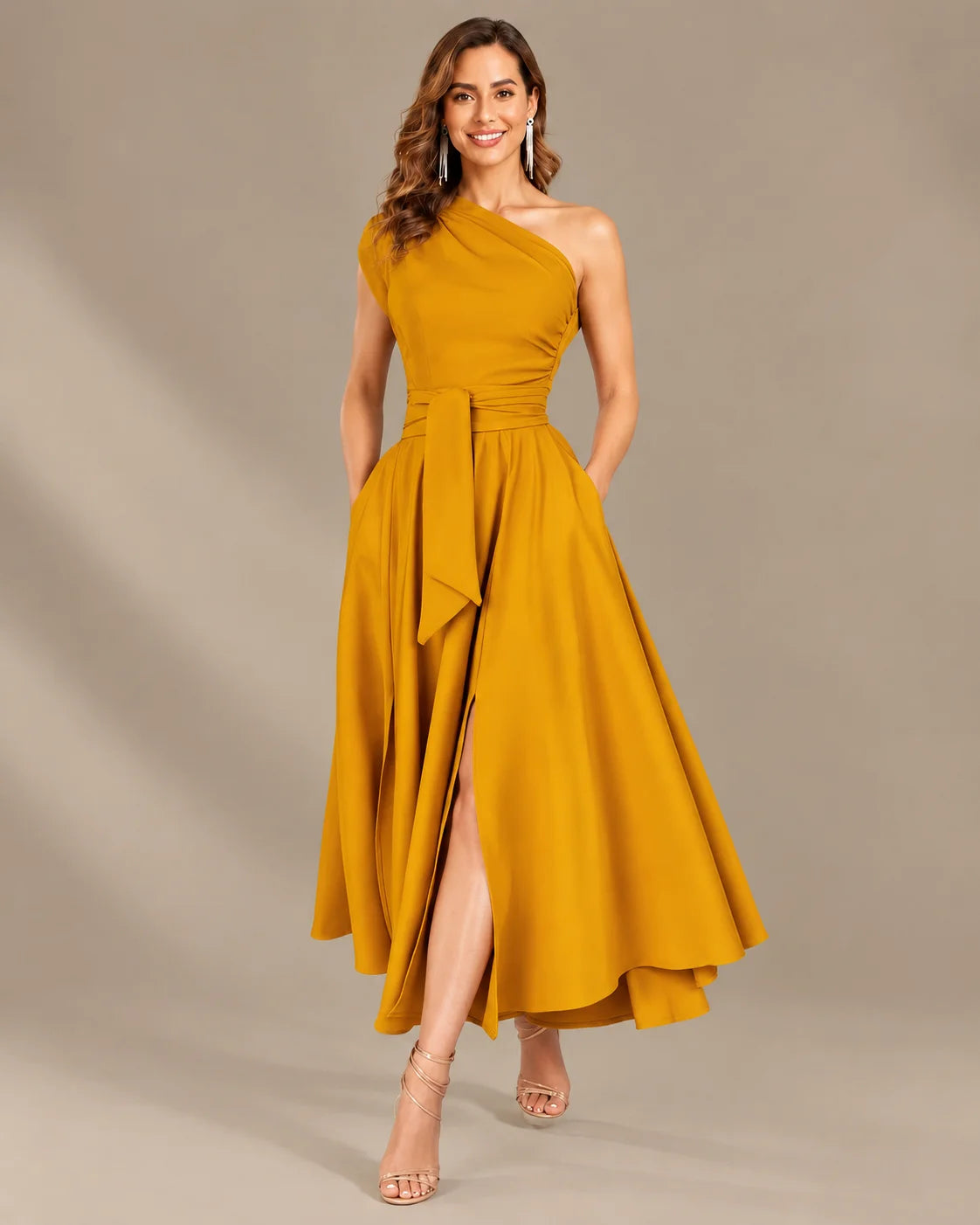 One-Shoulder Cap Sleeve Belted Fit and Flare Midi Dress | Oyese