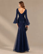 V-Neck Bell Sleeve Sequin Tulle Mermaid Evening Gown | Oyese
