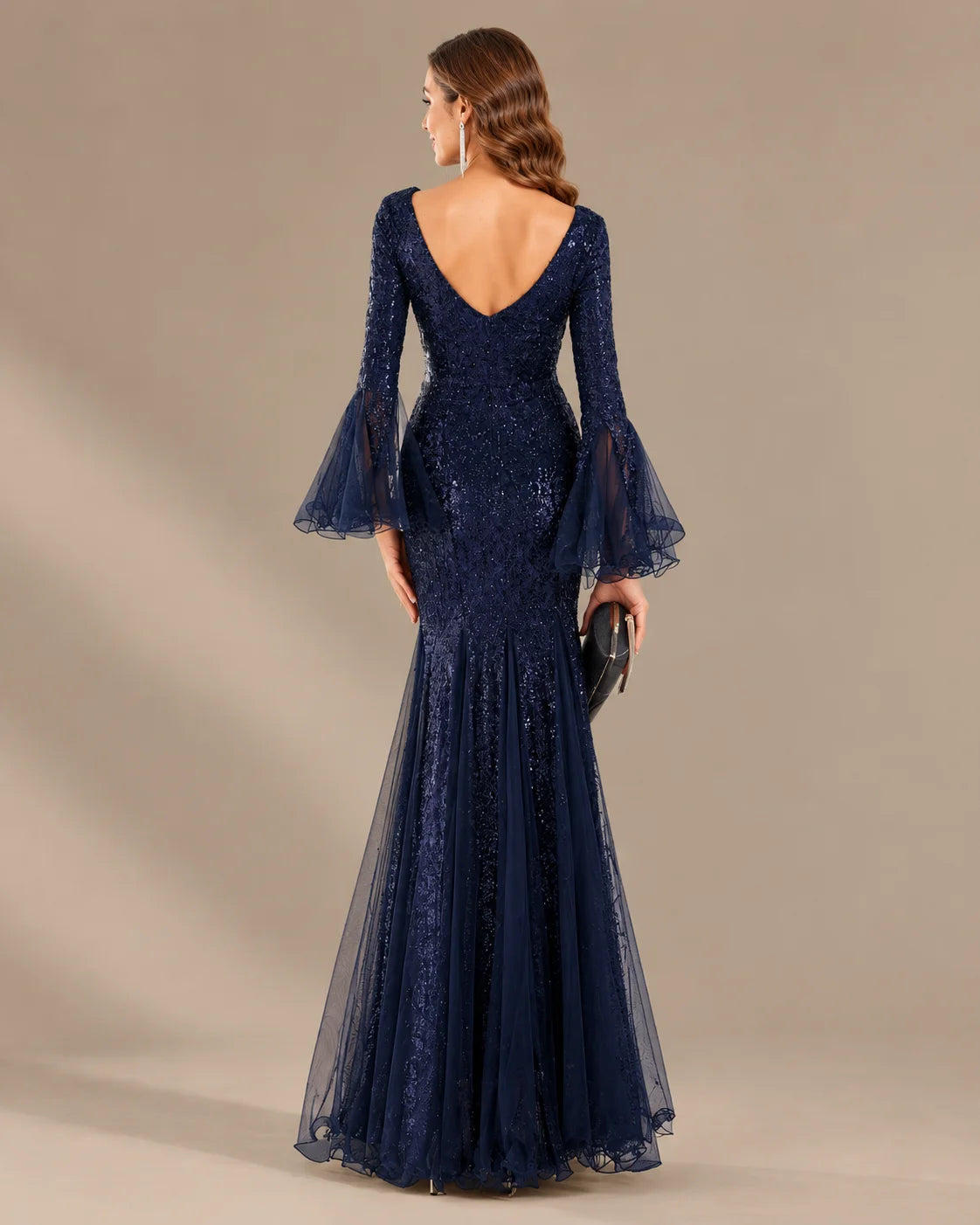 V-Neck Bell Sleeve Sequin Tulle Mermaid Evening Gown | Oyese