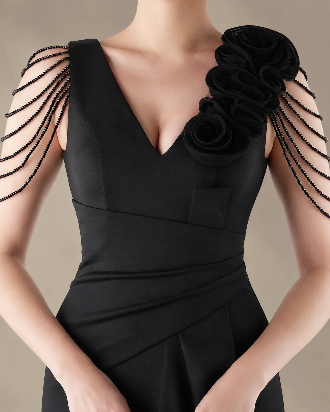 V-Neck 3D Floral Shoulder Beaded Mermaid Evening Gown | Oyese