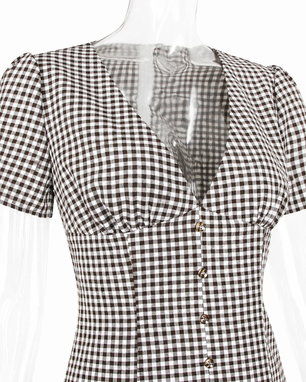 V-Neck Button Front Gingham Fitted Mini Dress | Oyese