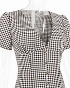 V-Neck Button Front Gingham Fitted Mini Dress | Oyese