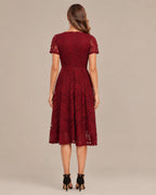 Lace V-Neck Short Sleeve Fit-and-Flare Knee Dress | Oyese