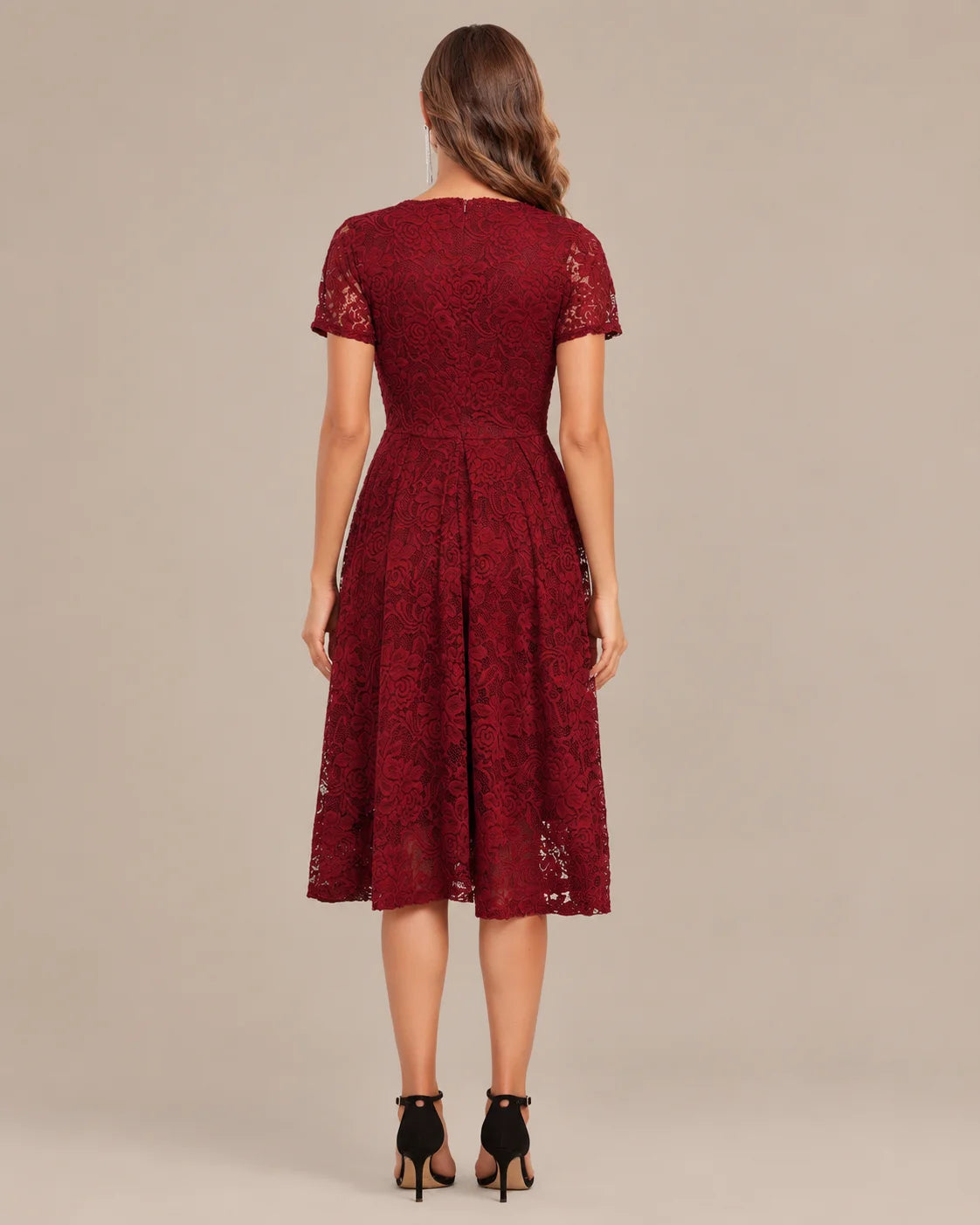 Lace V-Neck Short Sleeve Fit-and-Flare Knee Dress | Oyese