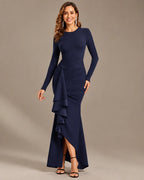 Long Sleeve Ruffle Mermaid Maxi Dress – High-Low Hem Formal Fall Gown | Oyese