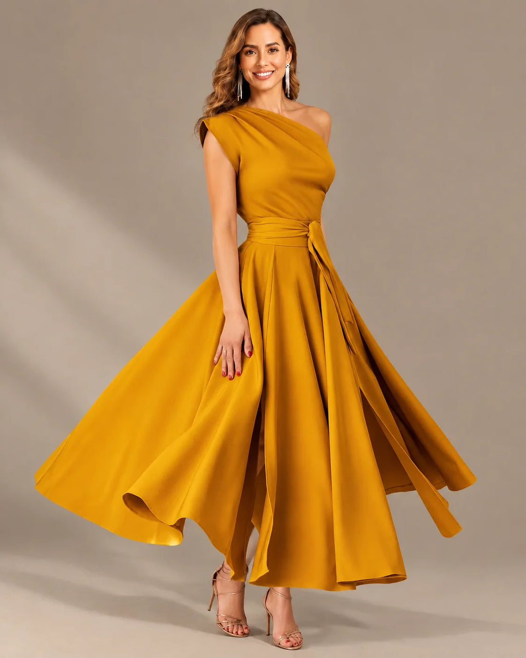 One-Shoulder Cap Sleeve Belted Fit and Flare Midi Dress | Oyese