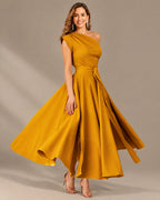 One-Shoulder Cap Sleeve Belted Fit and Flare Midi Dress | Oyese