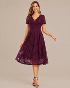 Lace V-Neck Short Sleeve Fit-and-Flare Knee Dress | Oyese