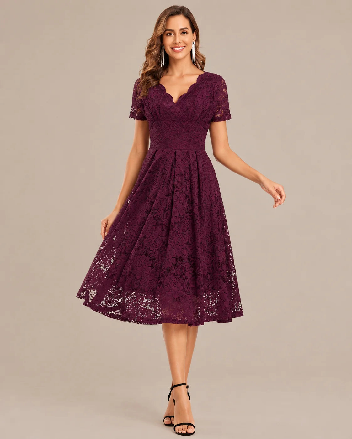 Lace V-Neck Short Sleeve Fit-and-Flare Knee Dress | Oyese