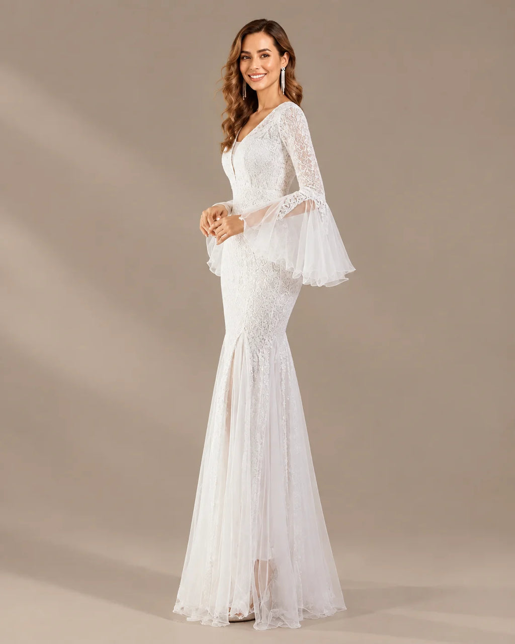 V-Neck Bell Sleeve Sequin Tulle Mermaid Evening Gown | Oyese