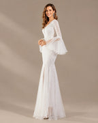 V-Neck Bell Sleeve Sequin Tulle Mermaid Evening Gown | Oyese