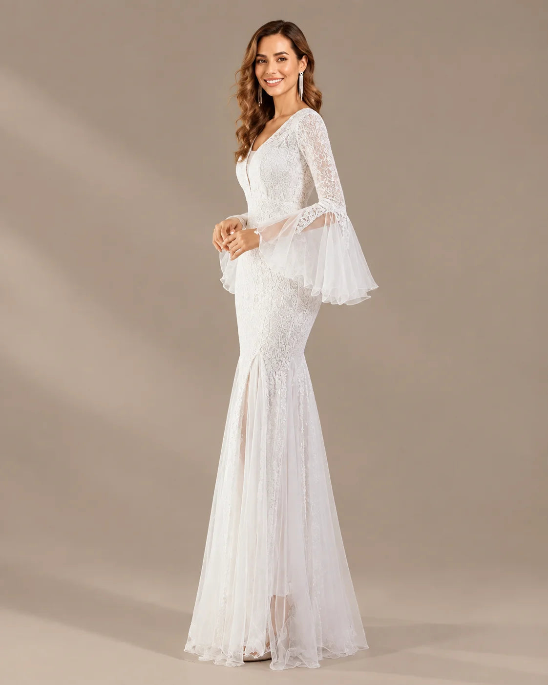 V-Neck Bell Sleeve Sequin Tulle Mermaid Evening Gown | Oyese