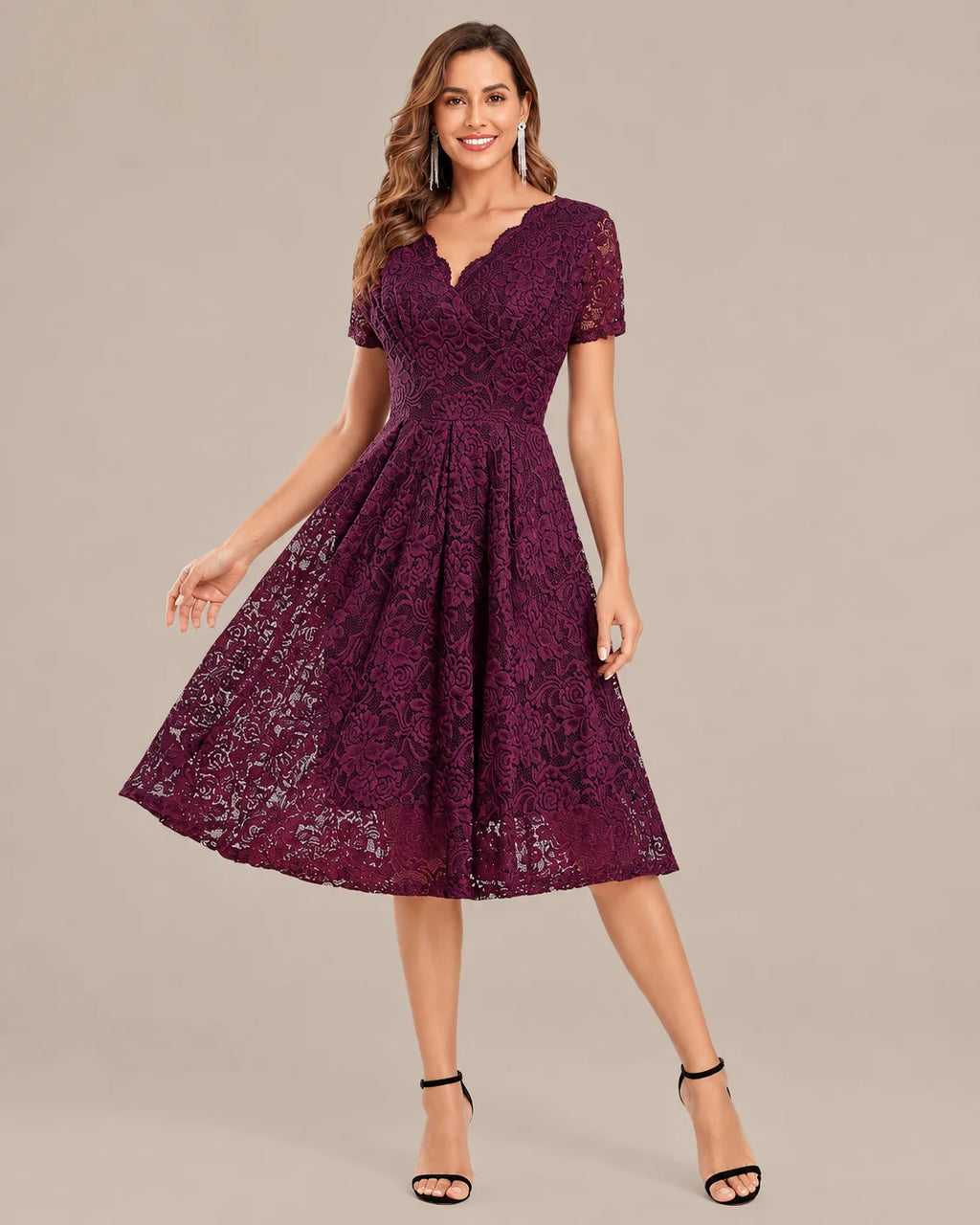 Lace V-Neck Short Sleeve Fit-and-Flare Knee Dress | Oyese