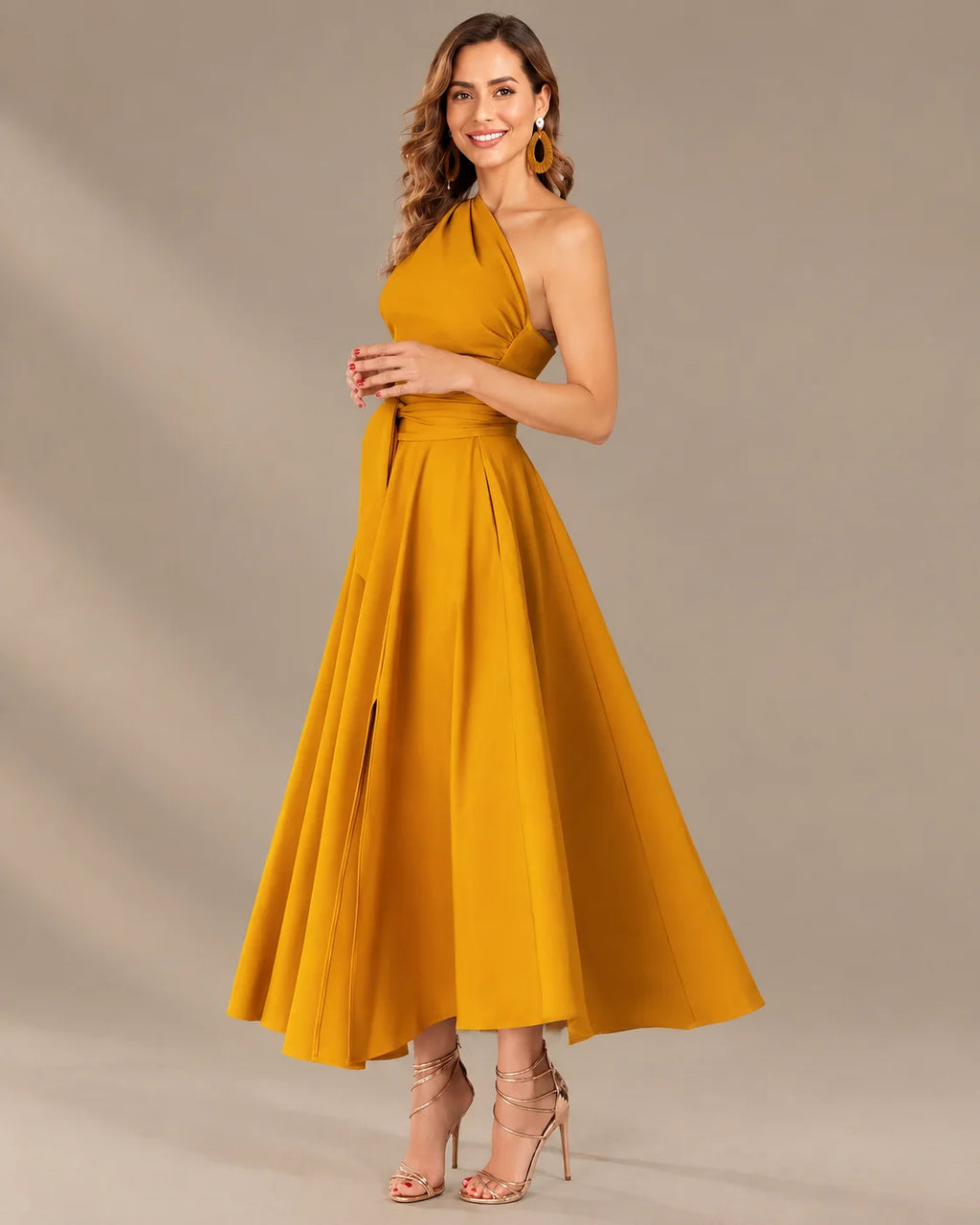 One-Shoulder Cap Sleeve Belted Fit and Flare Midi Dress | Oyese