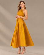 One-Shoulder Cap Sleeve Belted Fit and Flare Midi Dress | Oyese
