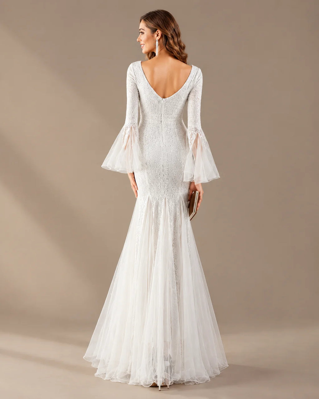 V-Neck Bell Sleeve Sequin Tulle Mermaid Evening Gown | Oyese