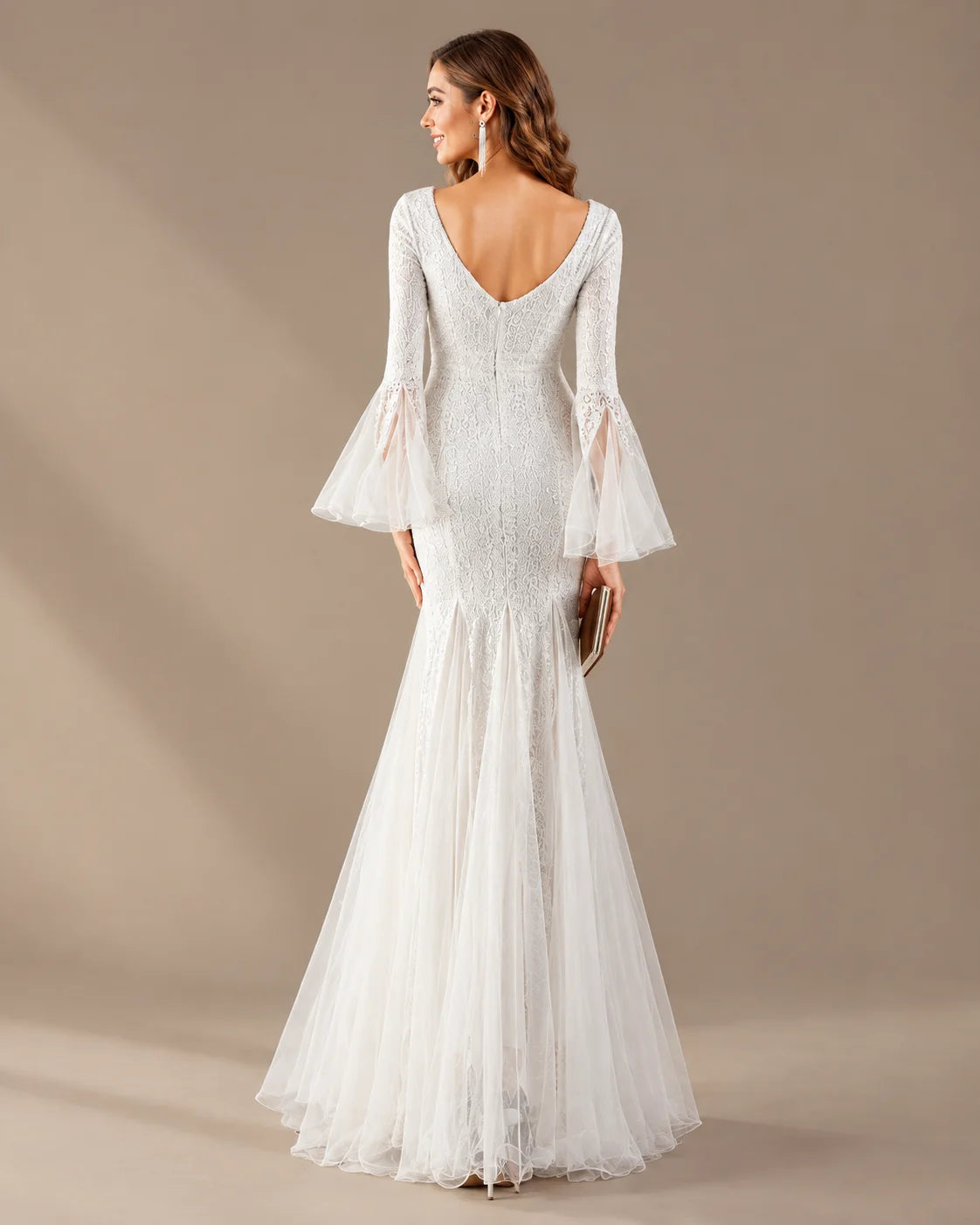V-Neck Bell Sleeve Sequin Tulle Mermaid Evening Gown | Oyese