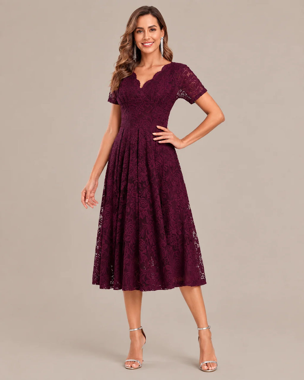 Lace V-Neck Short Sleeve Fit-and-Flare Knee Dress | Oyese