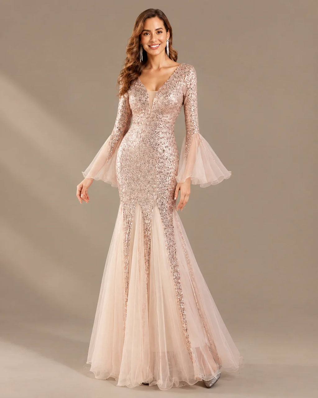 V-Neck Bell Sleeve Sequin Tulle Mermaid Evening Gown | Oyese
