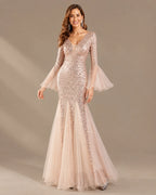 V-Neck Bell Sleeve Sequin Tulle Mermaid Evening Gown | Oyese