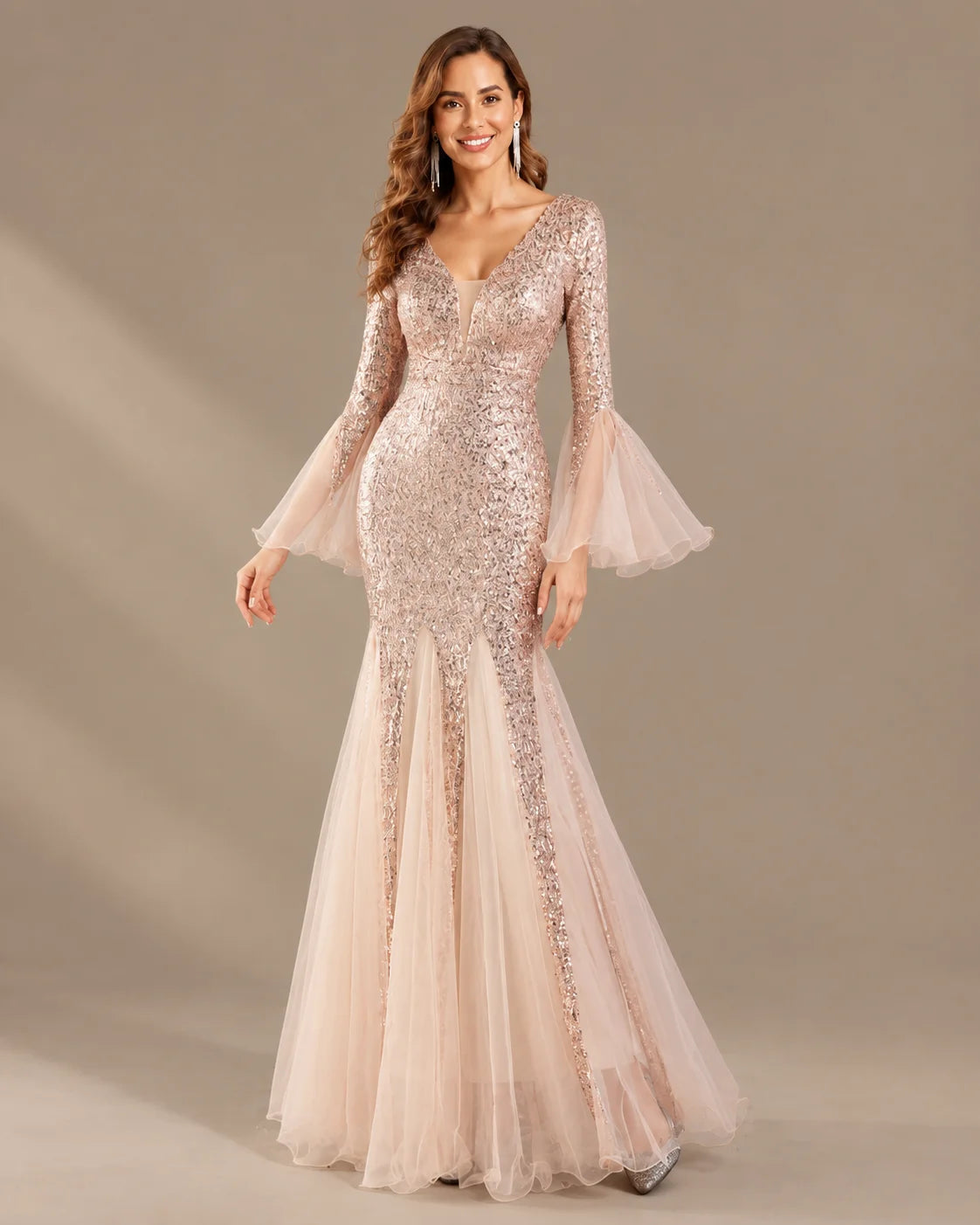V-Neck Bell Sleeve Sequin Tulle Mermaid Evening Gown | Oyese