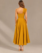 One-Shoulder Cap Sleeve Belted Fit and Flare Midi Dress | Oyese
