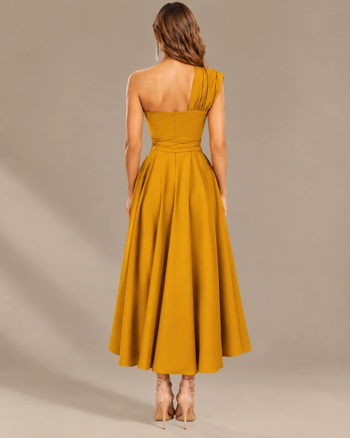 One-Shoulder Cap Sleeve Belted Fit and Flare Midi Dress | Oyese