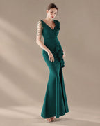 V-Neck 3D Floral Shoulder Beaded Mermaid Evening Gown | Oyese