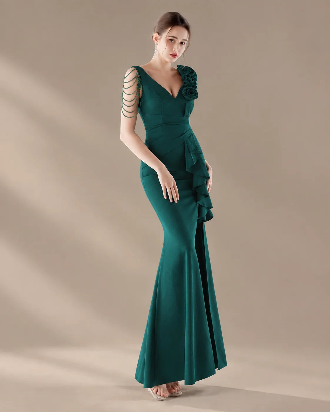 V-Neck 3D Floral Shoulder Beaded Mermaid Evening Gown | Oyese