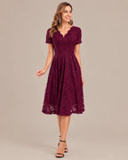Lace V-Neck Short Sleeve Fit-and-Flare Knee Dress | Oyese