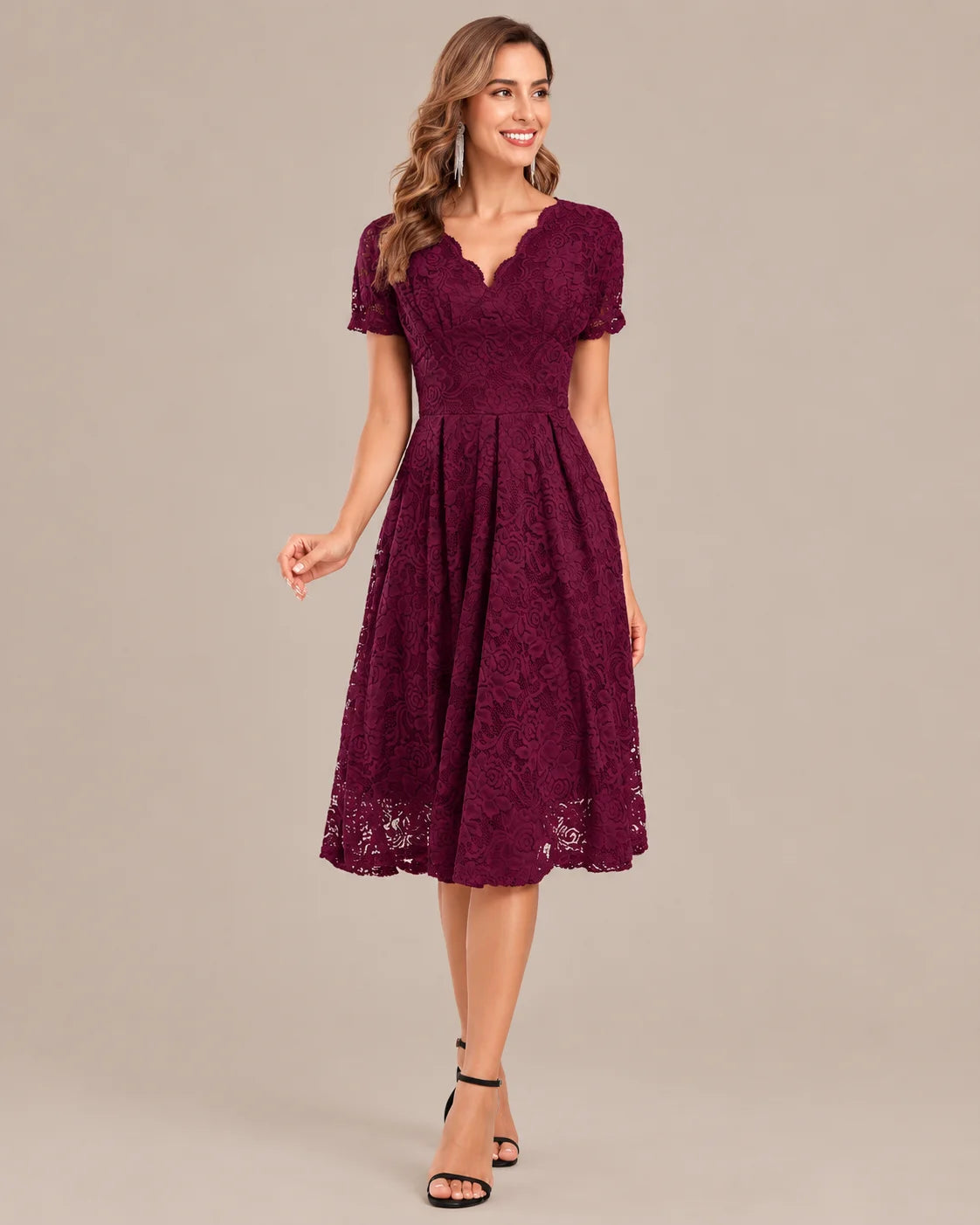 Lace V-Neck Short Sleeve Fit-and-Flare Knee Dress | Oyese